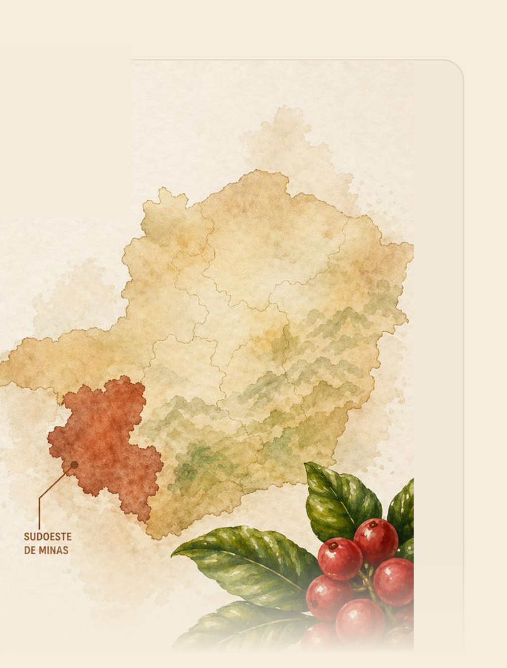 Mapa em aquarela de Minas Gerais com a região do Sudoeste de Minas destacada, origem dos cafés Familiato